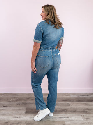 *FINAL SALE* Judy Blue | Light Wash Short Sleeve Jumpsuit LONG | Rudy