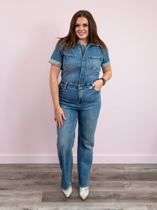 *FINAL SALE* Judy Blue | Light Wash Short Sleeve Jumpsuit LONG | Rudy