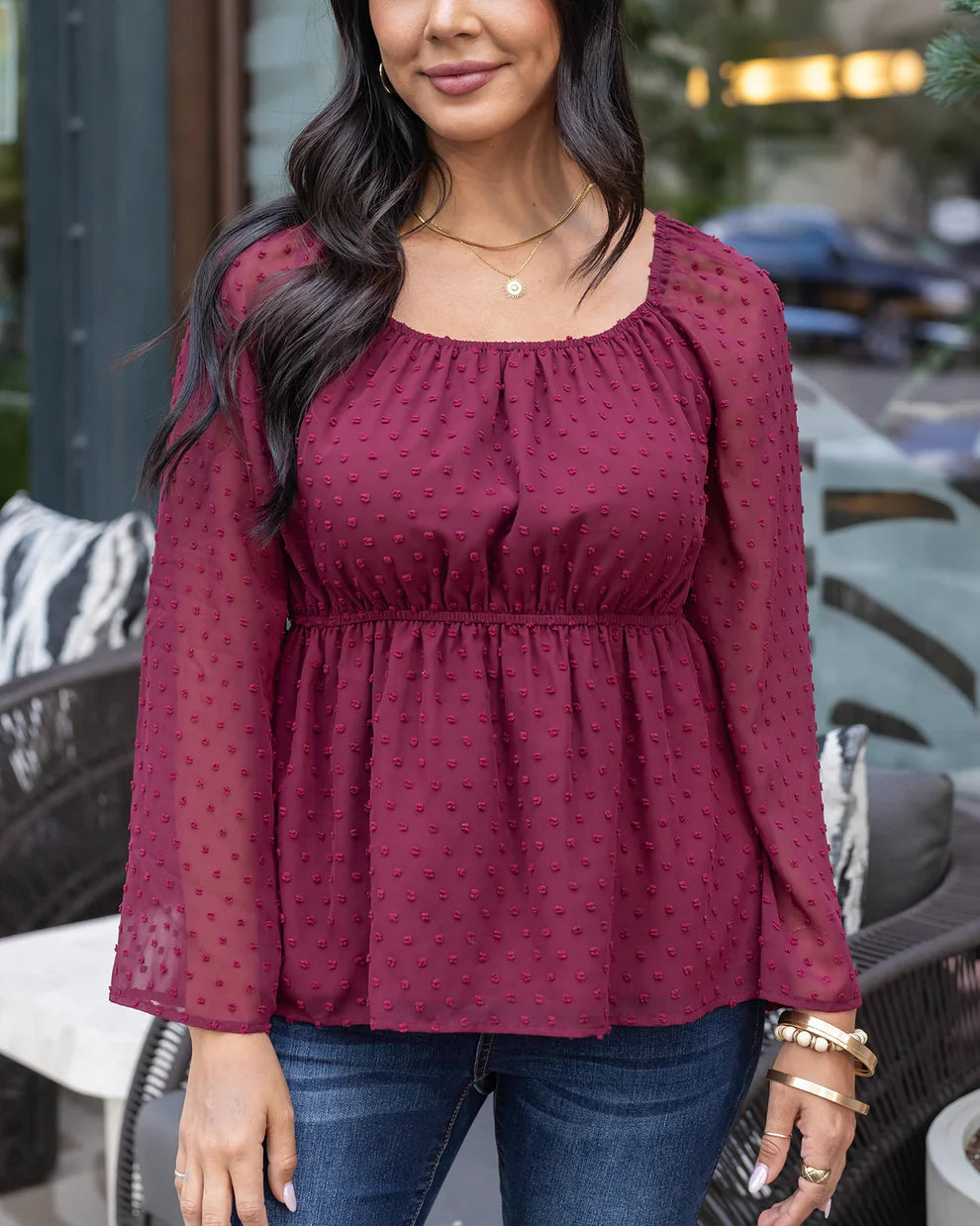 *NEW* Grace & Lace | Dobby Dot Peplum Top | Zinfandel