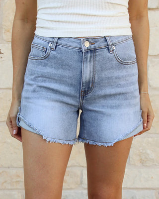 PRELAUNCH Grace & Lace | Drop Hem Denim Shorts | Light Mid-Wash