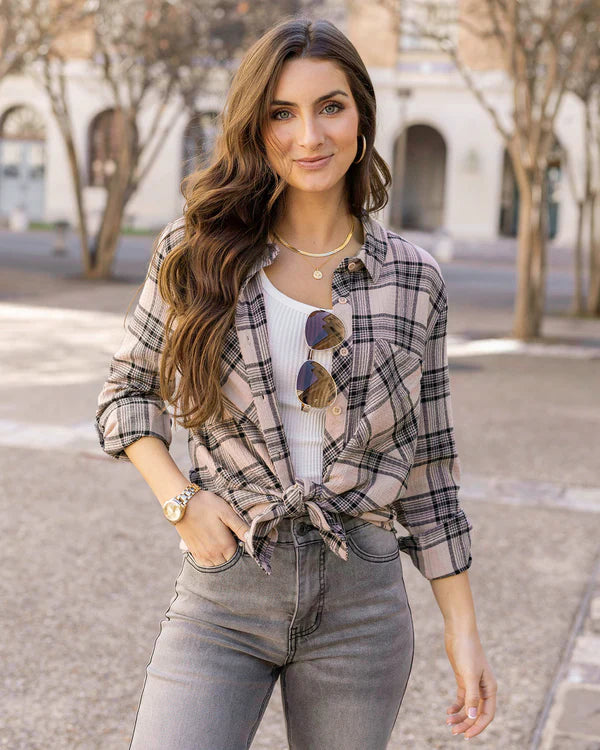 Grace Lace Favorite Button Up Top Blush Black Plaid