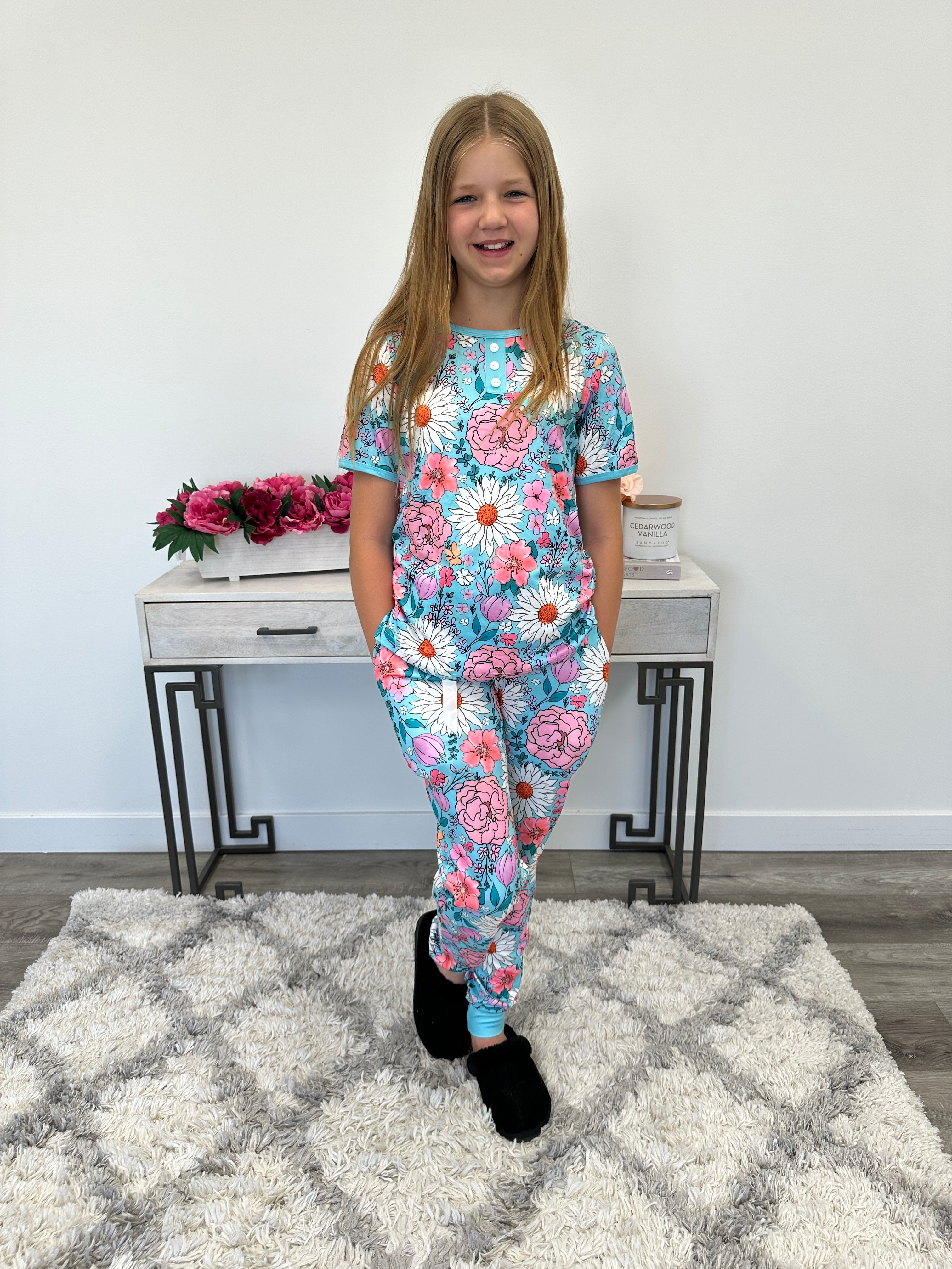 KIDS | Little Shirley Matching Pajama Set | Aqua Floral - Lavender