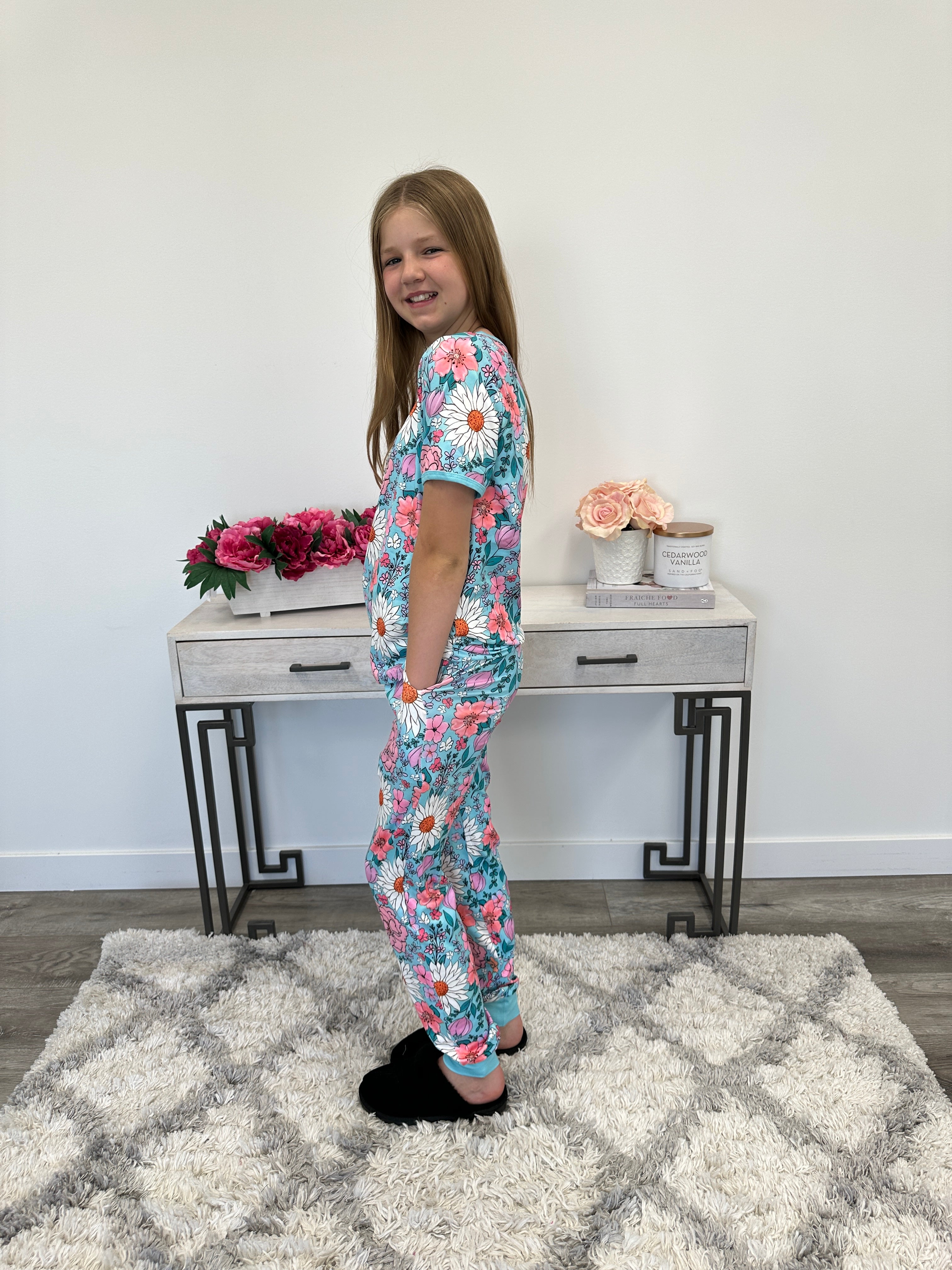 KIDS | Little Shirley Matching Pajama Set | Aqua Floral - Lavender