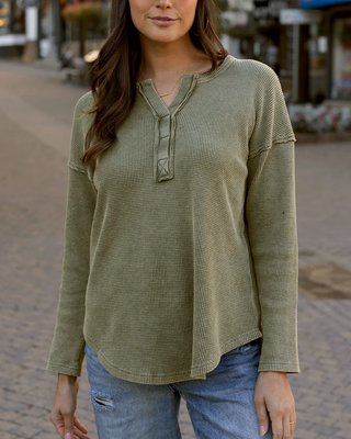 *NEW* Grace & Lace | Mineral Washed Waffle Henley | Chive