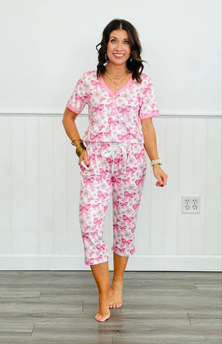 PREORDER Shirley Pajama Set | Tee & Capris | Pink Bows - shipping early April