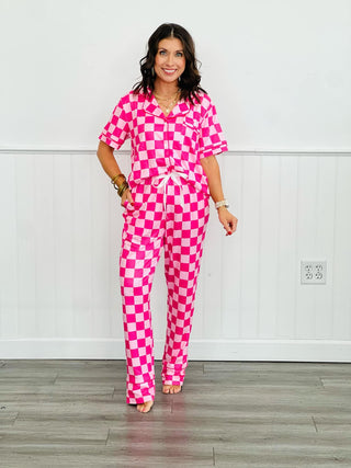 PREORDER Shirley Pajama Set | Button Down & Pants | Pink Check - shipping Mid April