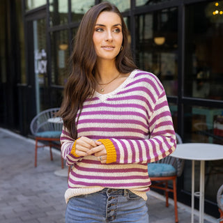 Grace & Lace | Slouchy Striped V-Neck Sweater | Berry Stripe