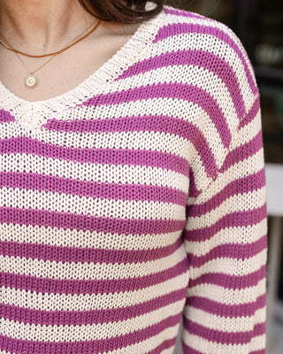 Grace & Lace | Slouchy Striped V-Neck Sweater | Berry Stripe