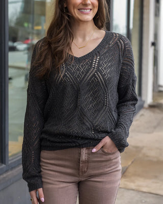 Grace & Lace | V-Neck Pointelle Sweater | Charcoal