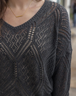 PRELAUNCH Grace & Lace | V-Neck Pointelle Sweater | Charcoal