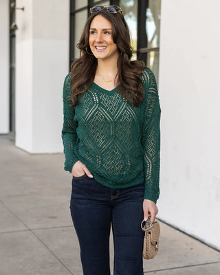 PRELAUNCH Grace & Lace | V-Neck Pointelle Sweater | Jade Green